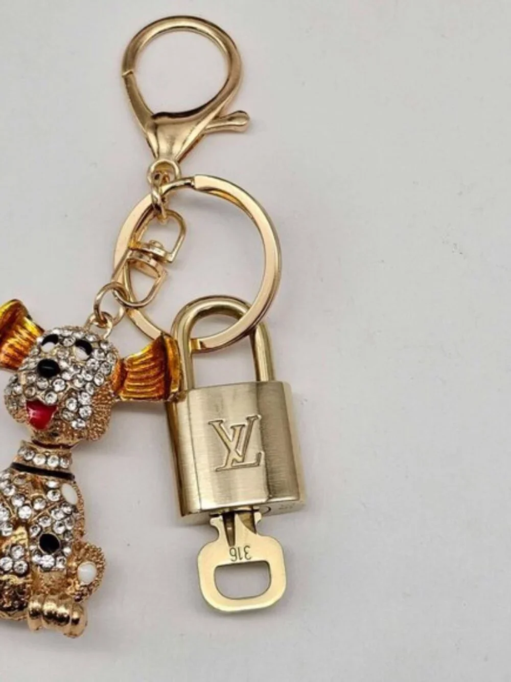 Authentic LV Gold Padlock & Key 🔑 Designer Bag Charm w/ Unbranded Dog Keychain